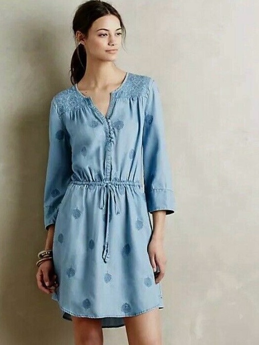 Anthropologie Holding Horses Blue Embroidered Tencel Chambray Dress Size S Boho